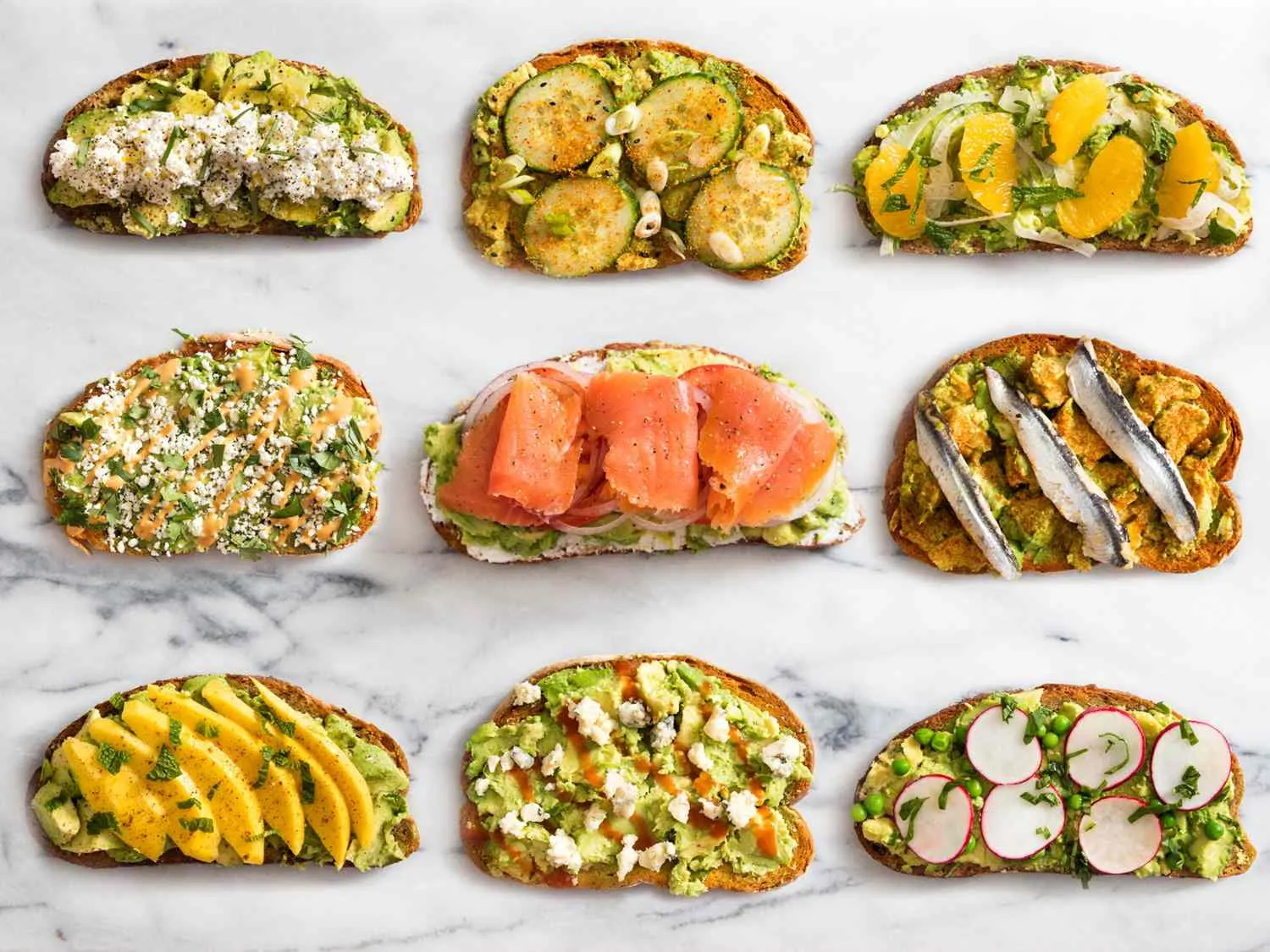 Gourmet avocado toast variations with unique toppings