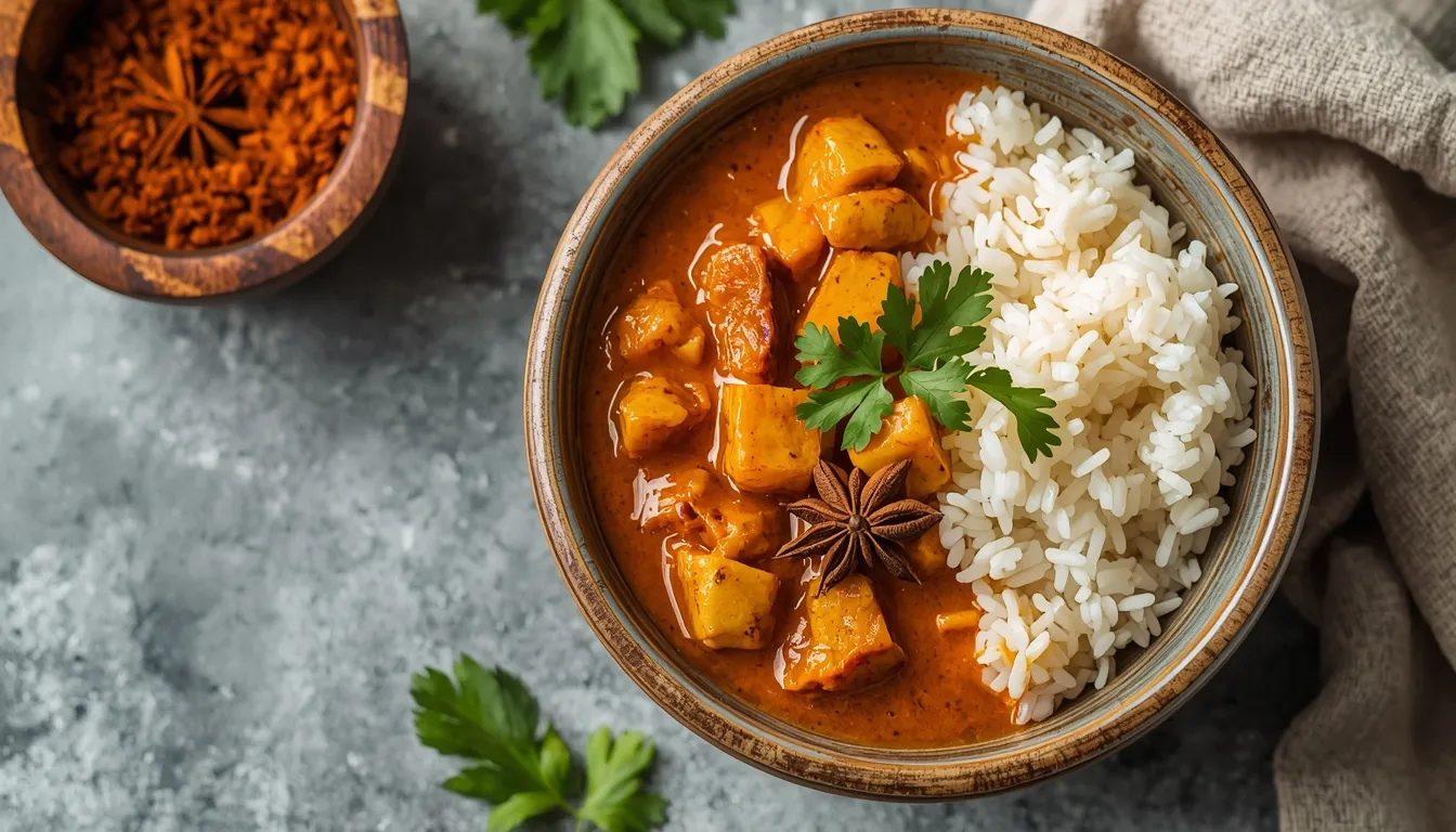 Traditional Caribbean Curry Bowl With Allspice and Rice